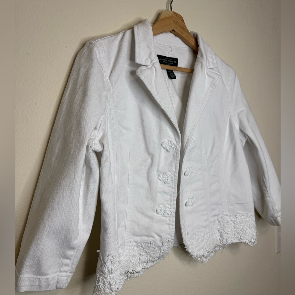 Lauren Jeans Co. Ralph Lauren White Lace Trim Blazer Jacket Petite 14P Y2K